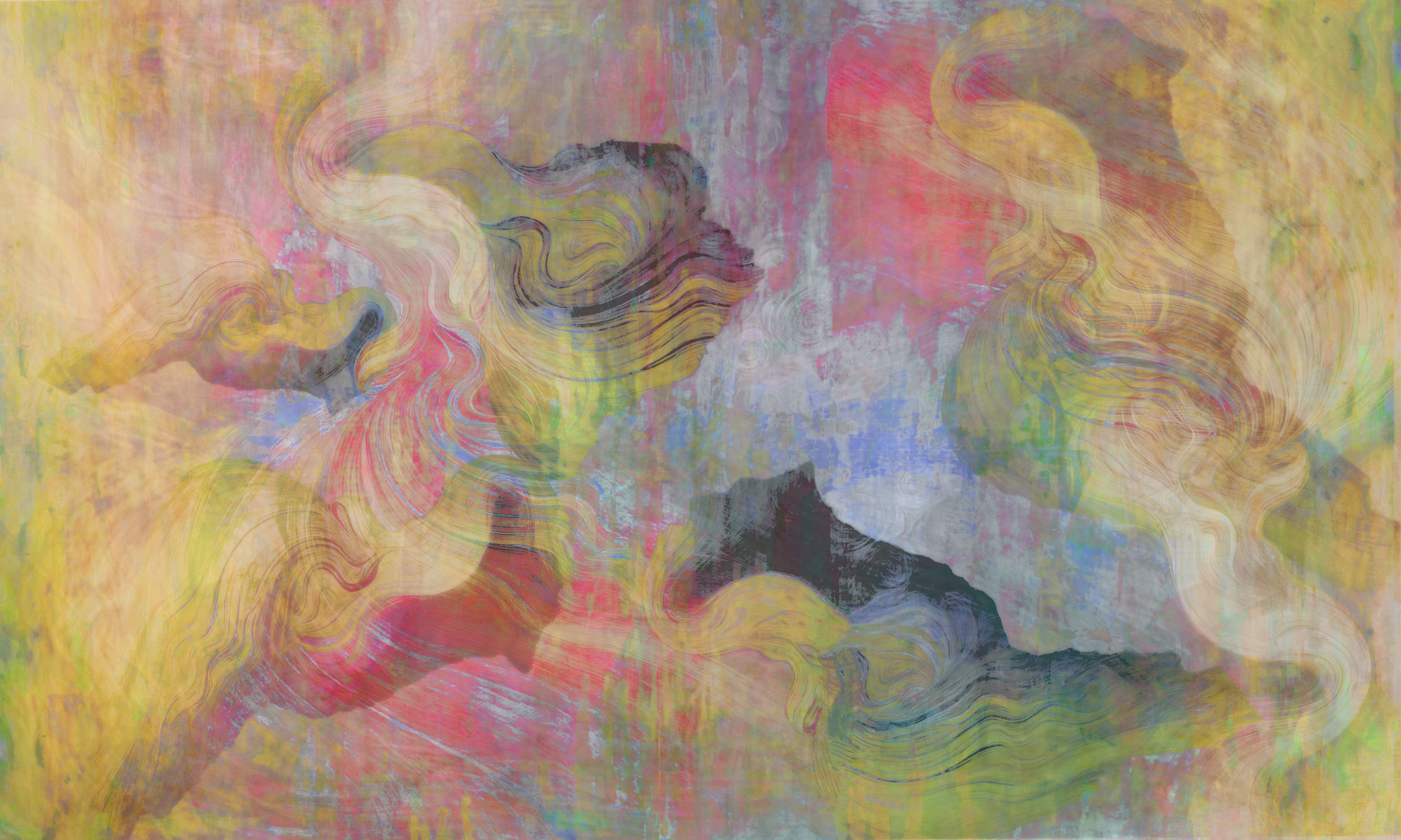 Abstract painting by Cassie Angelis titled The Wise Woman, blending flowing colour fields in warm and cool tones to suggest a visionary feminine presence.