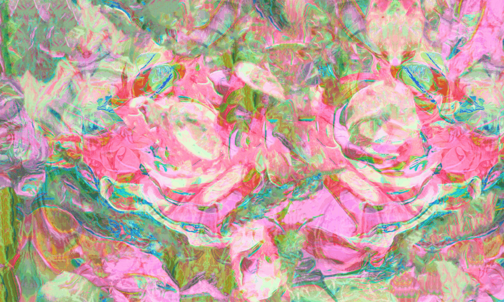 “Roses Are Red, hybrid digital–painterly abstraction by Cassie Angelis featuring mirrored rose forms in pink and green.”