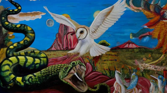A still frame from a symbolic animation: at the centre, a white owl with outstretched wings flies above a rocky red and green landscape. In the foreground a large serpent rises with its mouth open in a striking pose, its scales vivid green and yellow. Behind the owl, pink mountains rise under a bright blue sky, with two moons visible above the horizon. To the right, ethereal bird-like figures glow among fiery colours. The scene is highly detailed and painterly, blending battle-like tension with the owl’s calm, watchful presence, referencing the mythic associations of Athena.