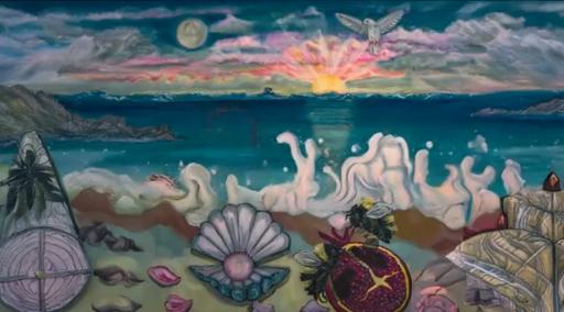 A still image taken from a surreal animation showing a symbolic seascape at dawn. In the foreground, large shells, pearls, corals, and ritual objects lie across textured rocks. Behind them, pale waves rise from a turquoise sea, illuminated by a glowing sunrise of pink, gold, and blue tones. A full moon lingers above the horizon, enhancing the dreamlike quality. The colours are vivid and painterly, blending naturalistic detail with mythic symbolism.