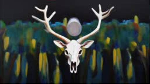 Artemis goddess symbology. A white stag skull with antlers floats before a dark abstract forest, illuminated by a glowing moon. Vibrant streaks of blue, green, and yellow rise behind it, creating a surreal, otherworldly atmosphere.