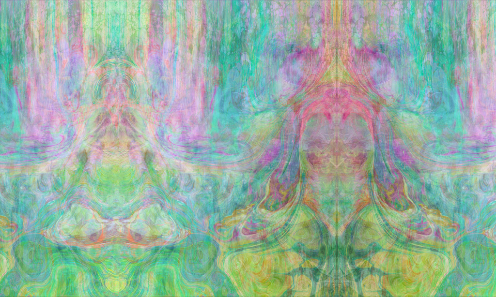 The Forest Dyad,’ a hybrid digital mandala by Cassie Angelis, featuring mirrored pastel greens, pinks, and turquoise forms that evoke organic forest textures and flowing painterly symmetry.